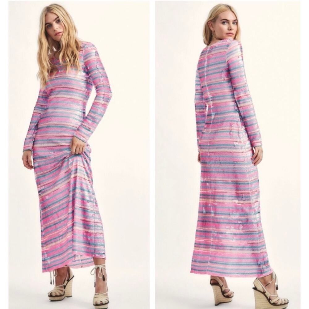 Like New! LoveShackFancy Avalyn Maxi Dress in Pitaya Stripe Sequins Sz. 10